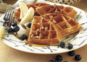belgian waffle with blueberries and bananas